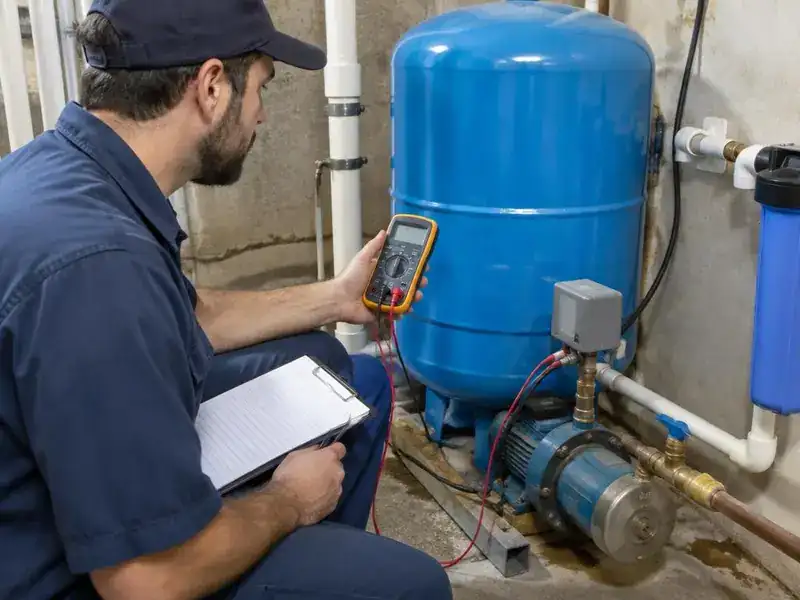 Technician testing a well pressure tank and pump controls in a St. Johns basement